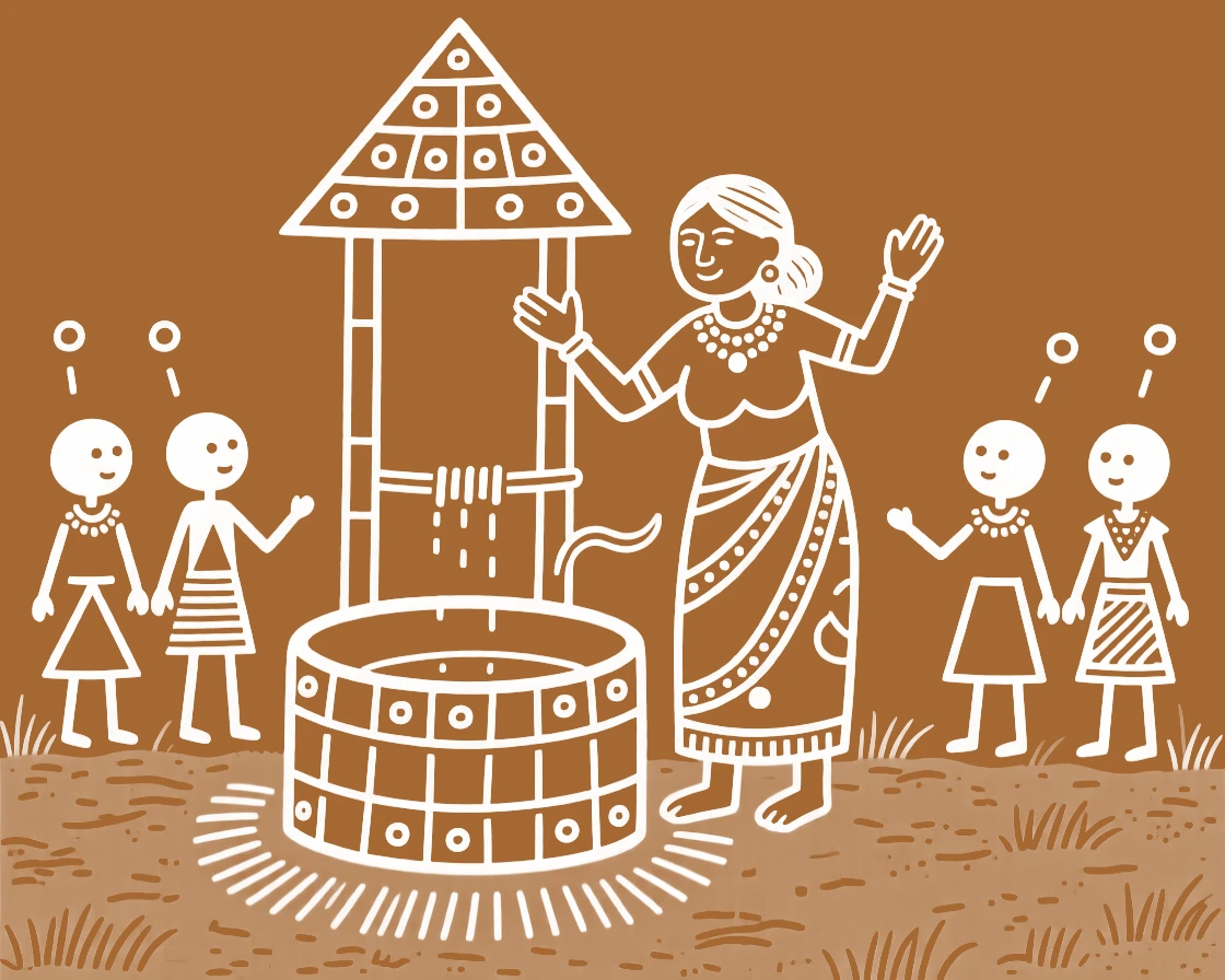 A village matriarch teaching younger villagers an old custom at the village well.
