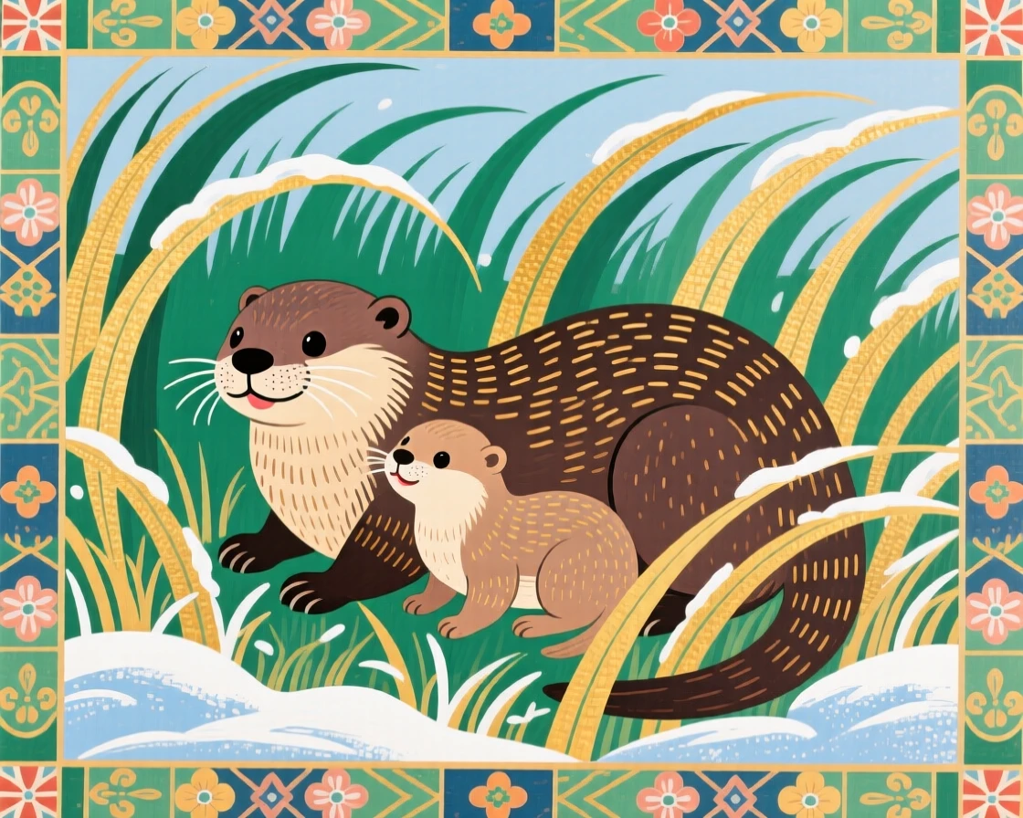 A otter with its young in a field of tall grass, in the stillness of early winter.