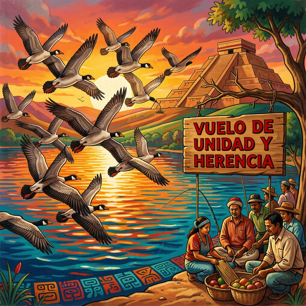 A flock of geese flying in formation over a lake