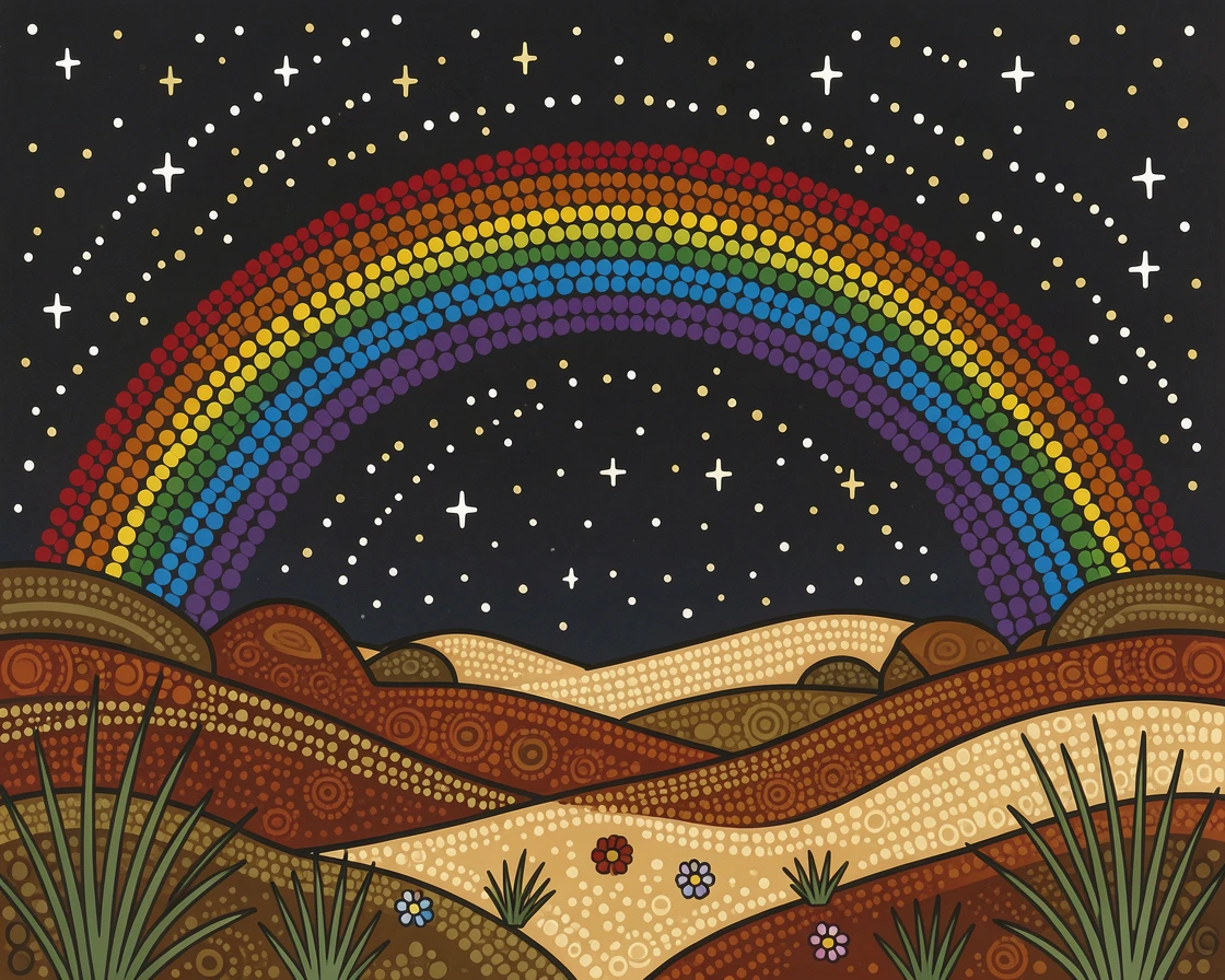 A starlit desert beneath a rainbow after rain