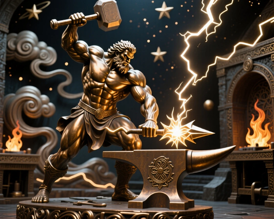 A titan forging lightning in a celestial smithy, rendered with dramatic, sweeping composition, radiating awe and grandeur
