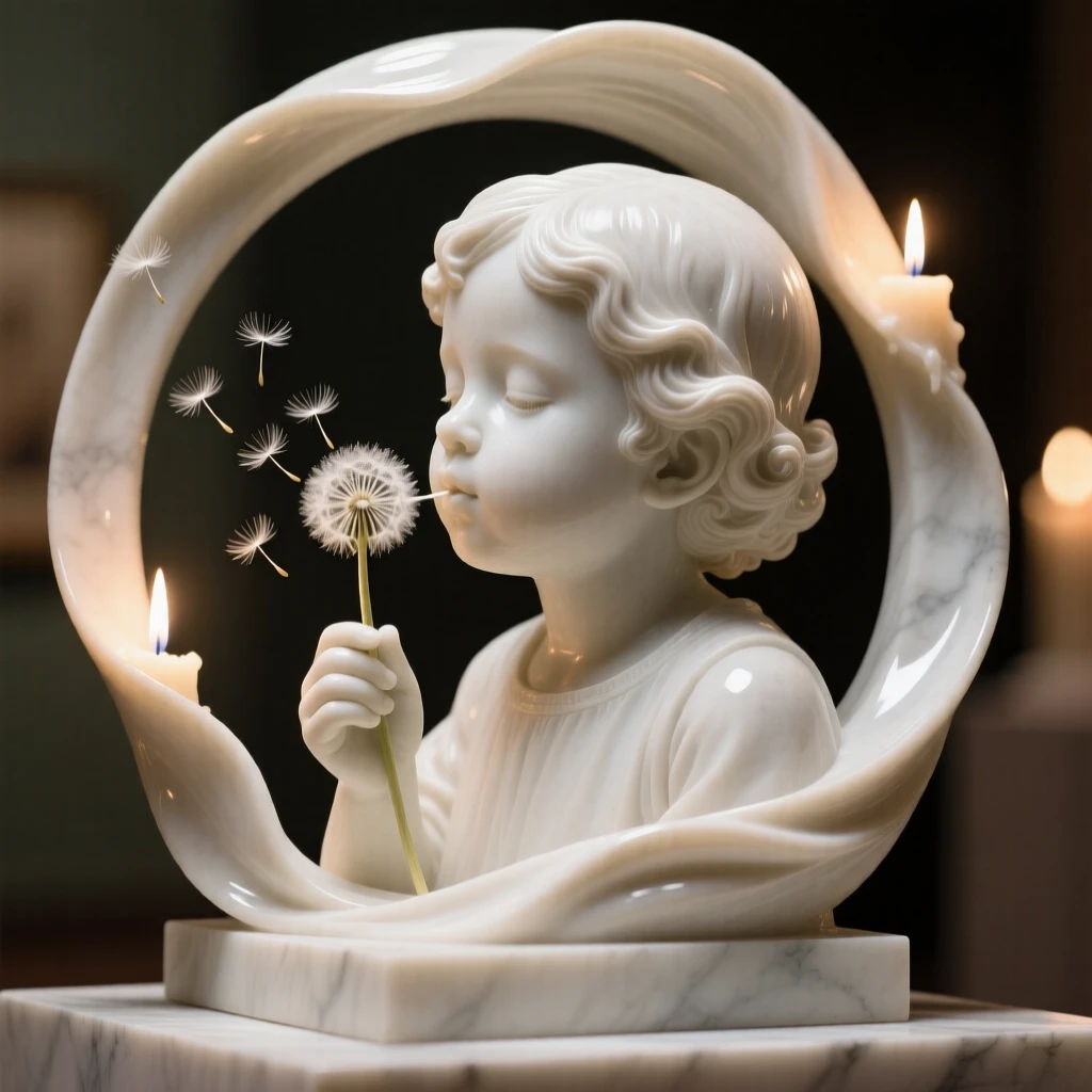 A tender portrait of a child blowing dandelion seeds, lost in quiet contemplation, framed by soft candlelight, evoking warmth and humanity