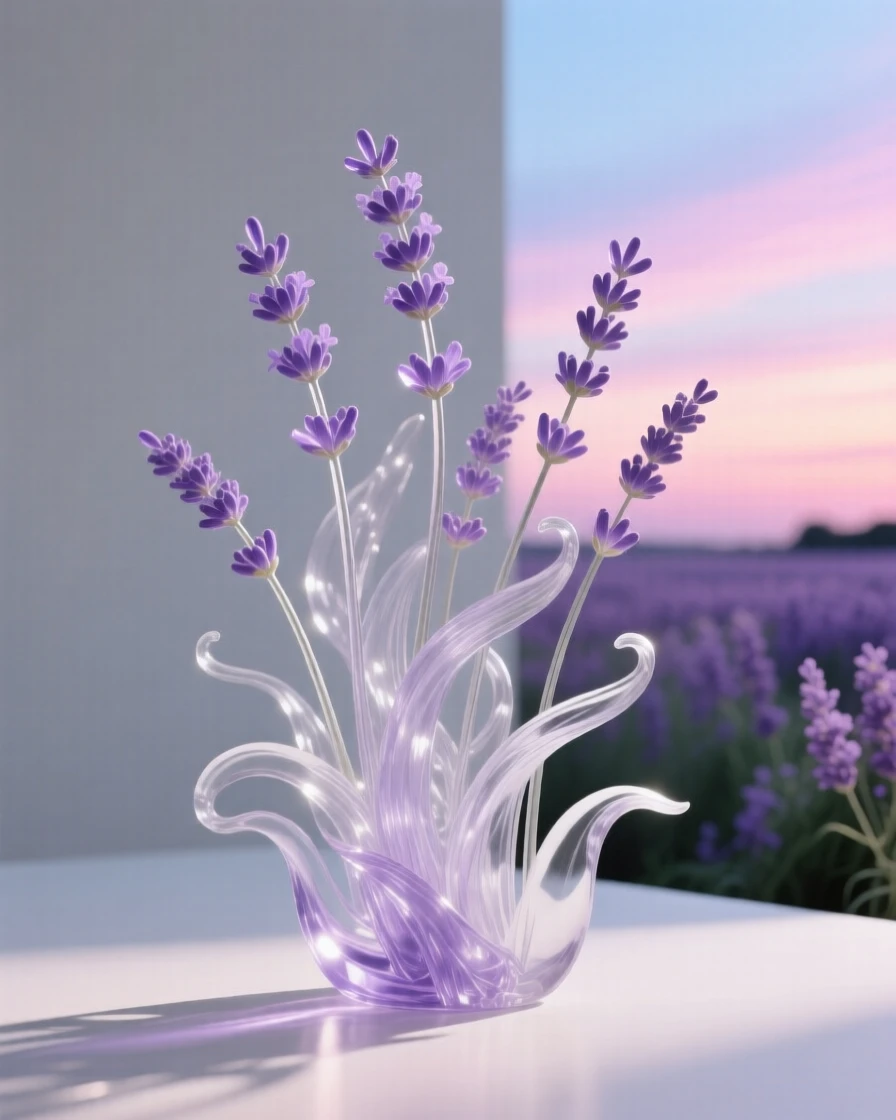 A field of lavender swaying gently in a light breeze under a pastel sky at dusk, dreamy and peaceful atmosphere.