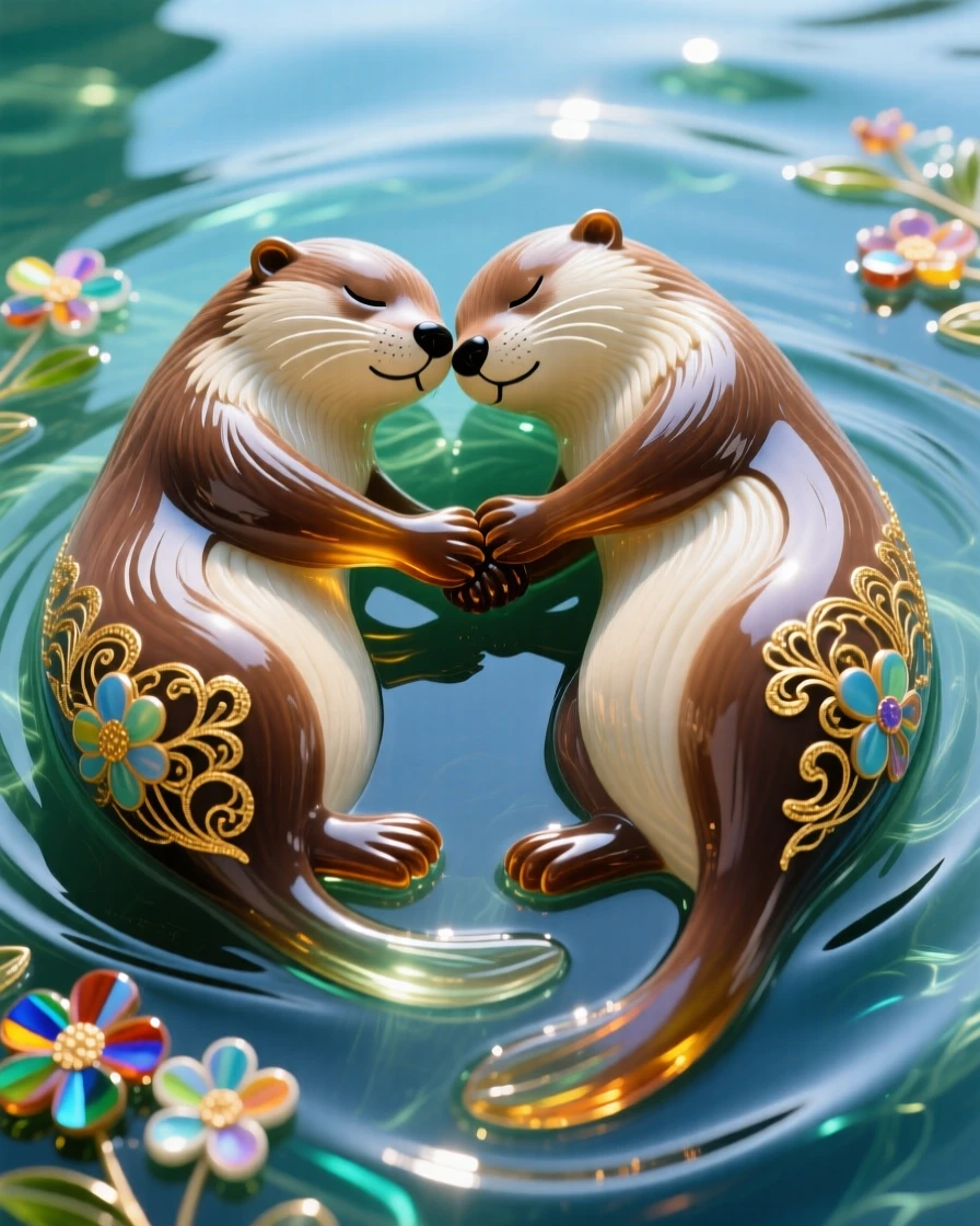 A pair of otters holding hands while sleeping on their backs in calm water, tender and beloved.