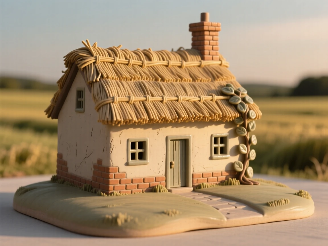 A quaint countryside cottage with a thatched roof rising quietly above a still landscape, bathed in the golden light of late afternoon, evoking timeless wonder and quiet grandeur.
