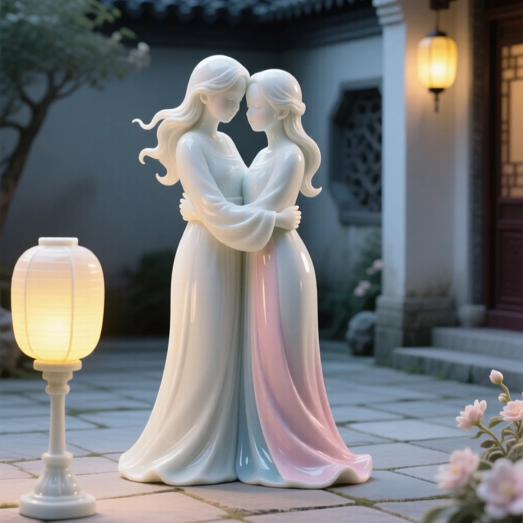 A tender scene of two sisters sharing a quiet embrace in a lantern-lit courtyard, a soft breeze lifting loose strands of hair.