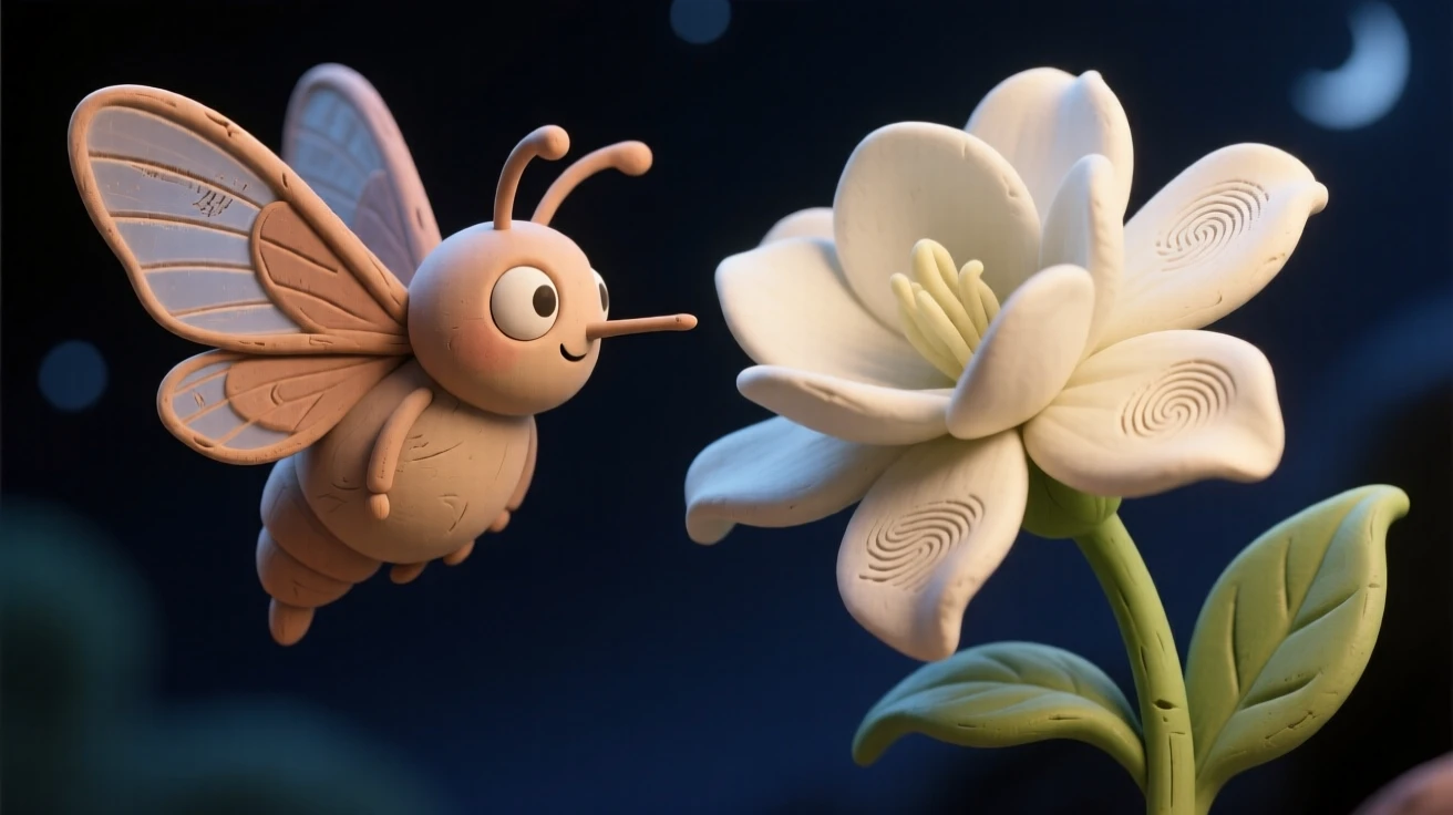 A hummingbird moth hovering beside a night-blooming jasmine flower