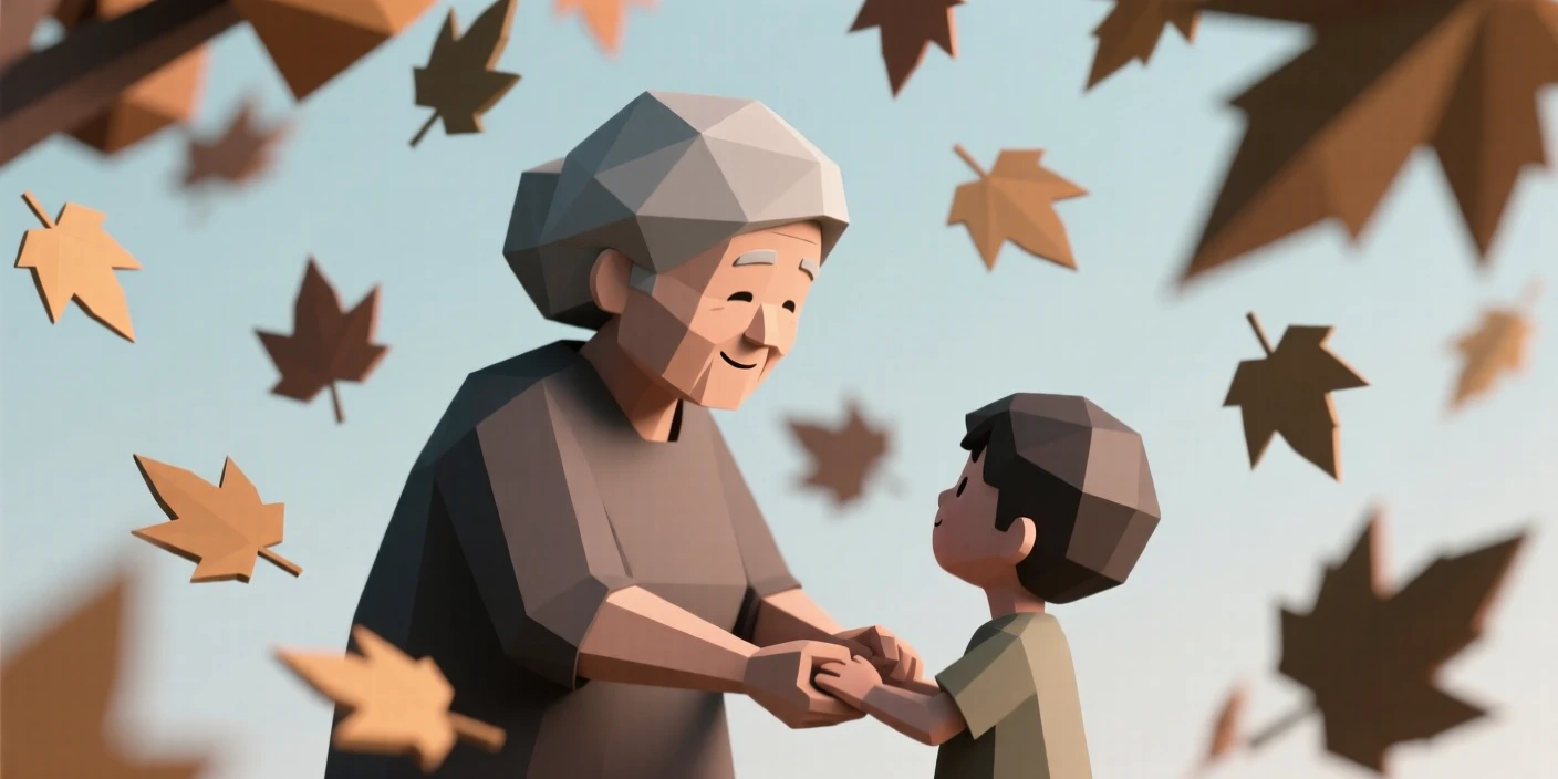 A grandmother and grandchild sharing a quiet moment, beneath falling autumn leaves. a shallow depth of field keeps focus on the subject's face. The scene radiates pure joy.