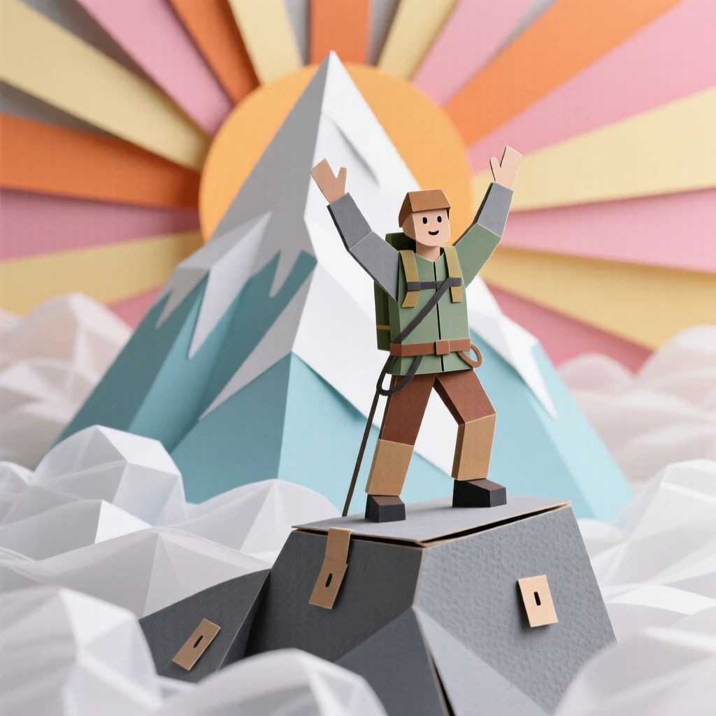 A mountaineer standing triumphantly atop a snow-capped peak at sunrise, arms raised against a sea of clouds below, capturing achievement and awe.