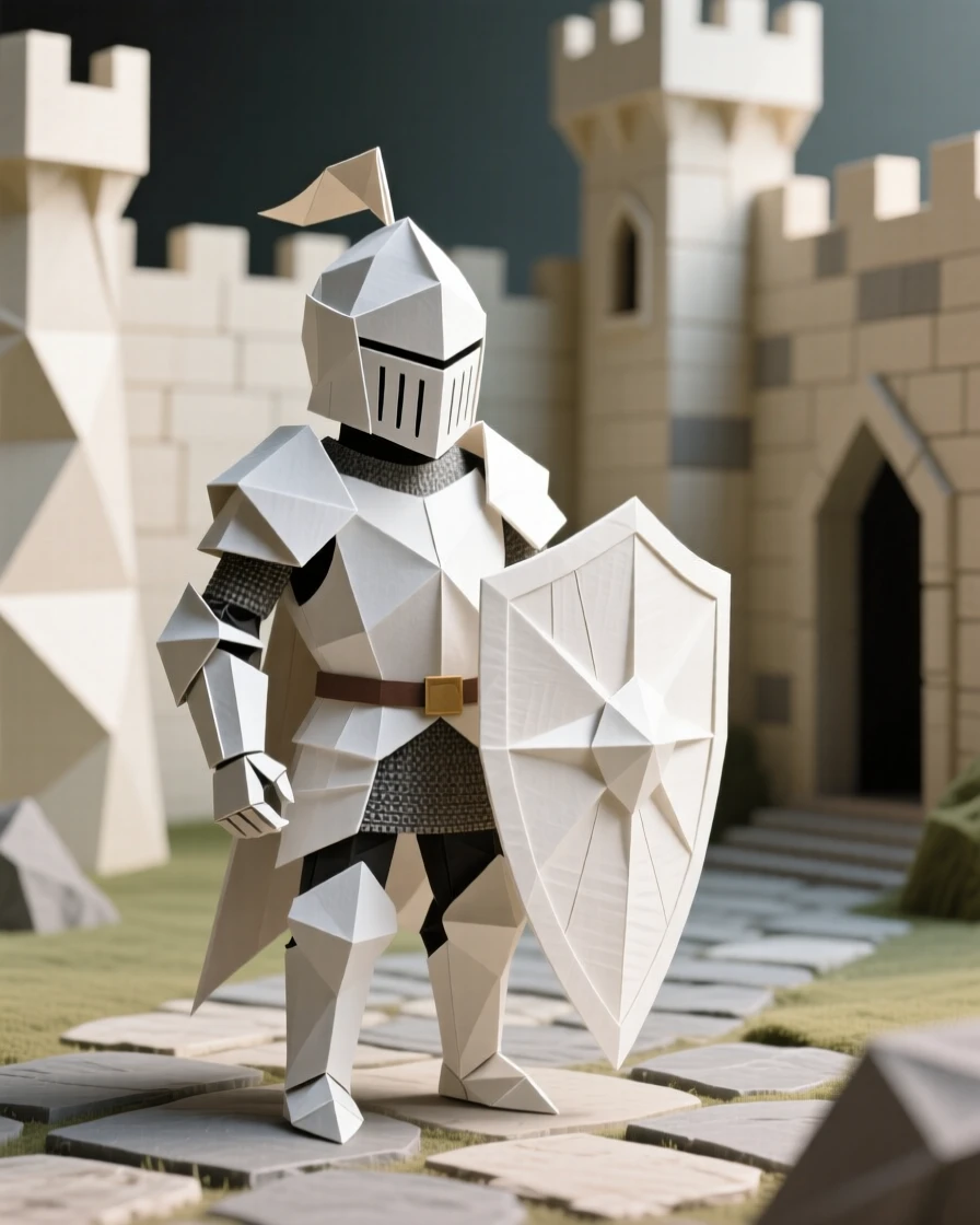 A tiny knight standing proudly in oversized armor, shield nearly as tall as himself, castle courtyard behind him.