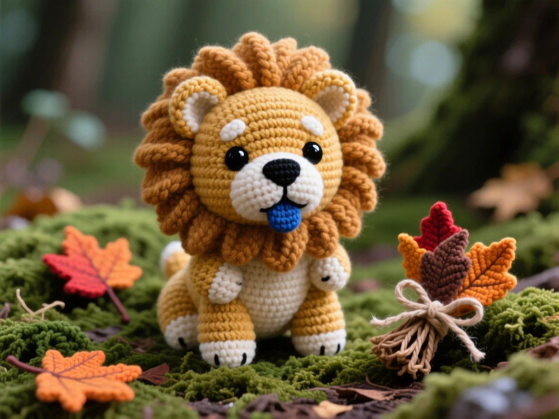 a fluffy baby chow chow puppy, with a lion-like mane and a blue-black tongue, sitting proudly with its chest puffed out, set in a mossy forest floor covered in fallen leaves, with a bundle of dried autumn leaves, evoking a peaceful, drowsy calm settling over the scene.