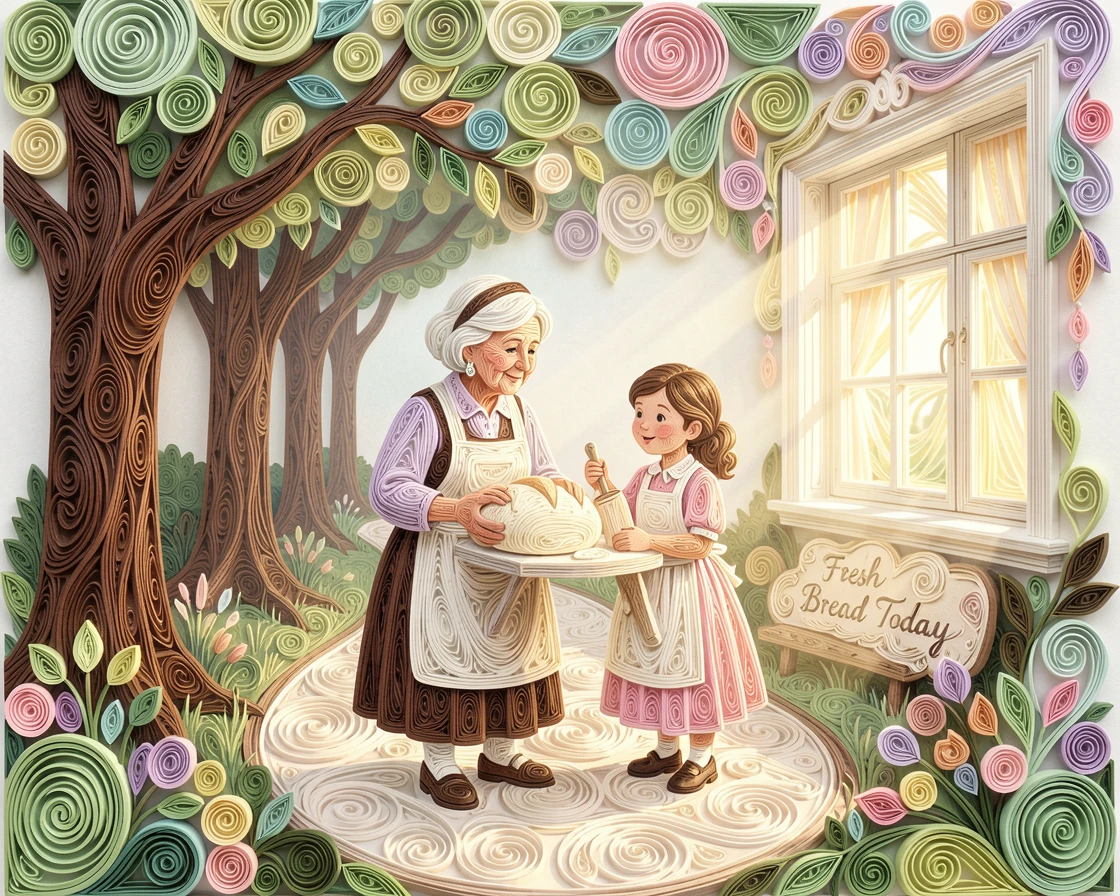 a grandmother teaching her granddaughter to bake bread, on a tree-lined path in a city park, framed with soft natural light streaming through a window, in tender pastel morning light.