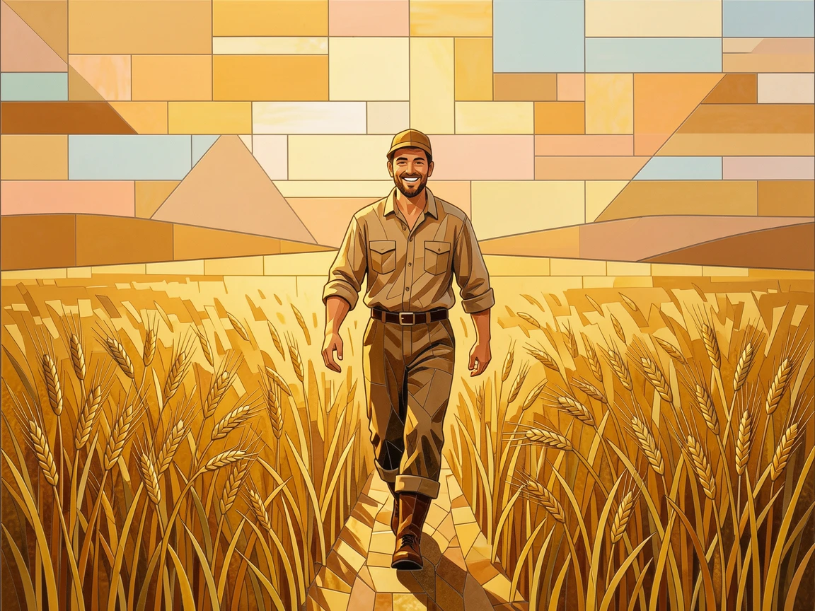 A candid, joyful moment of a farmer walking through golden wheat fields at harvest time, captured with warm golden light.