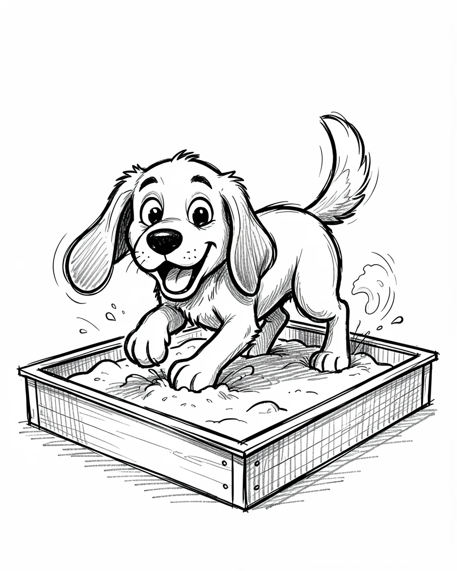 A floppy-eared beagle digging happily in a sandbox.