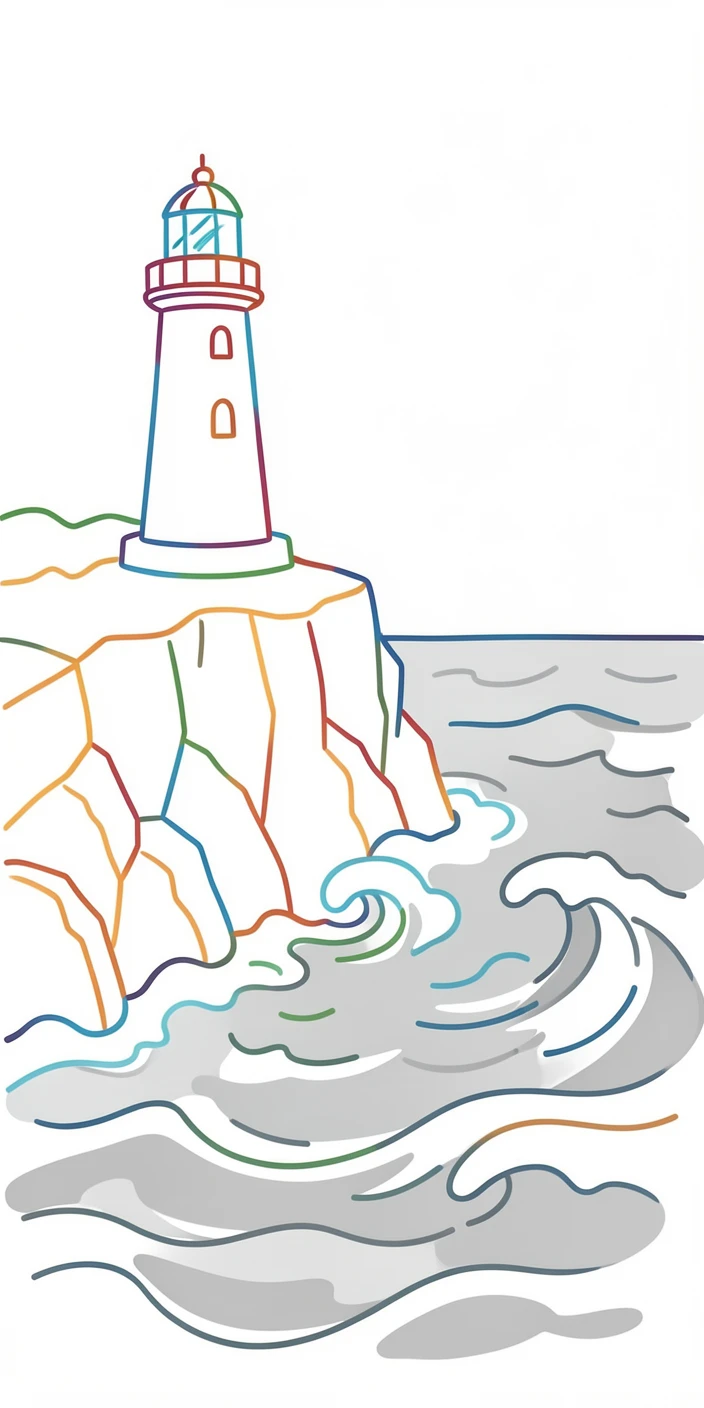 A rocky coastal cliff with a lighthouse standing against a stormy gray sea.