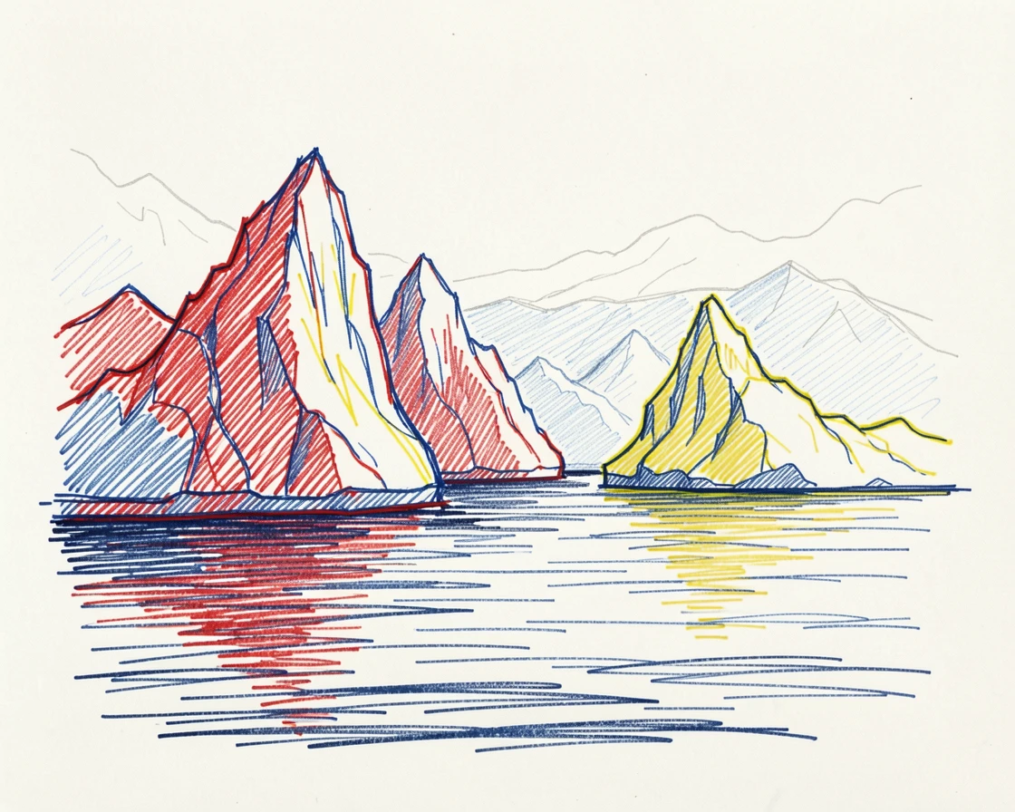 A dramatic ice fjord with towering icebergs drifting in still dark water