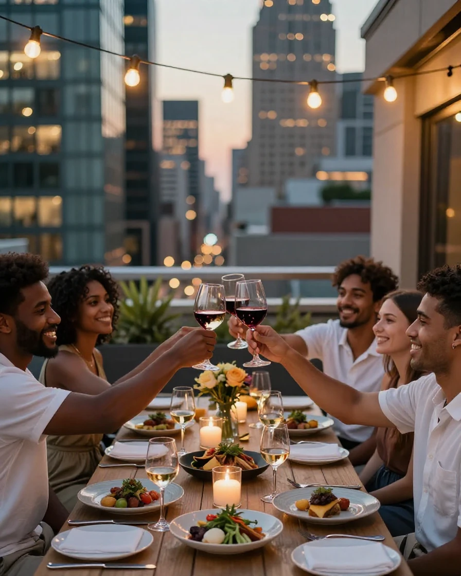 Friends toasting wine glasses at a rooftop dinner
