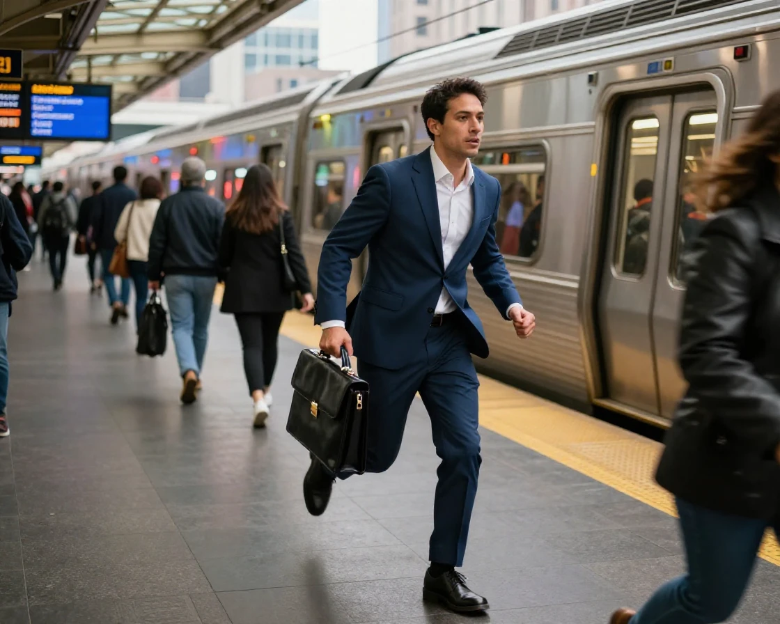 A commuter dashes to catch a departing train, briefcase in one hand.
