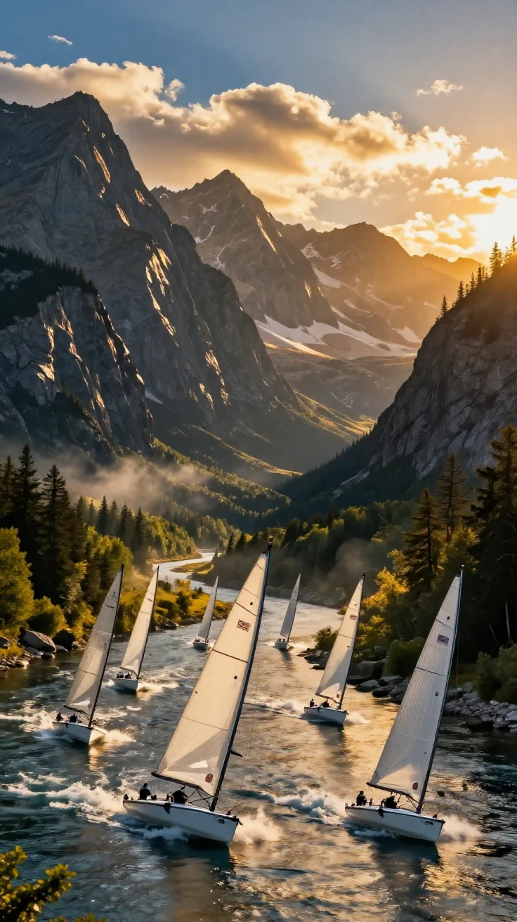 A fleet of racing sailboats winding through a mountain valley in the golden light of late afternoon
