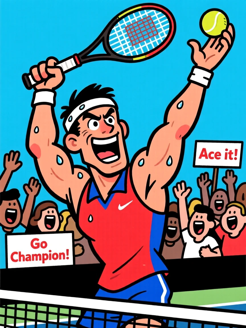 A larger-than-life portrait of a celebrated tennis champion mid-serve, racket raised high, sweatband soaked, crowd roaring in the background.