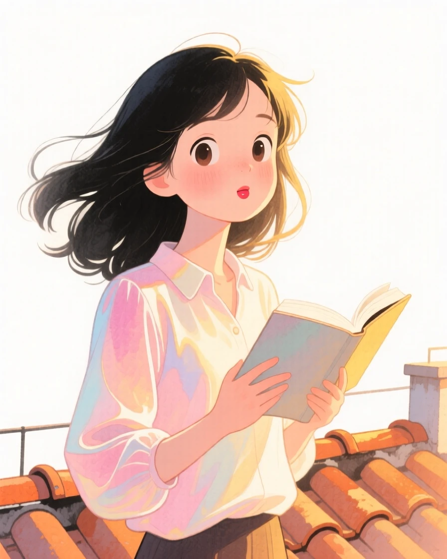 A young woman with flowing black hair caught in the wind, biting her lip shyly, wearing an elegant silk blouse and holding an open book, on a rooftop at golden hour