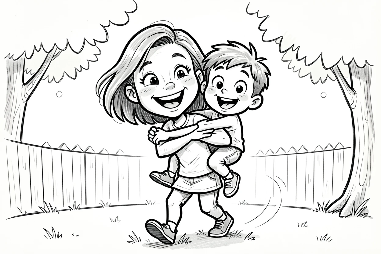 [Family & Relationship Moments] Heartwarming scene of a big sister piggybacking her little brother through a sunny backyard, radiating love and warmth