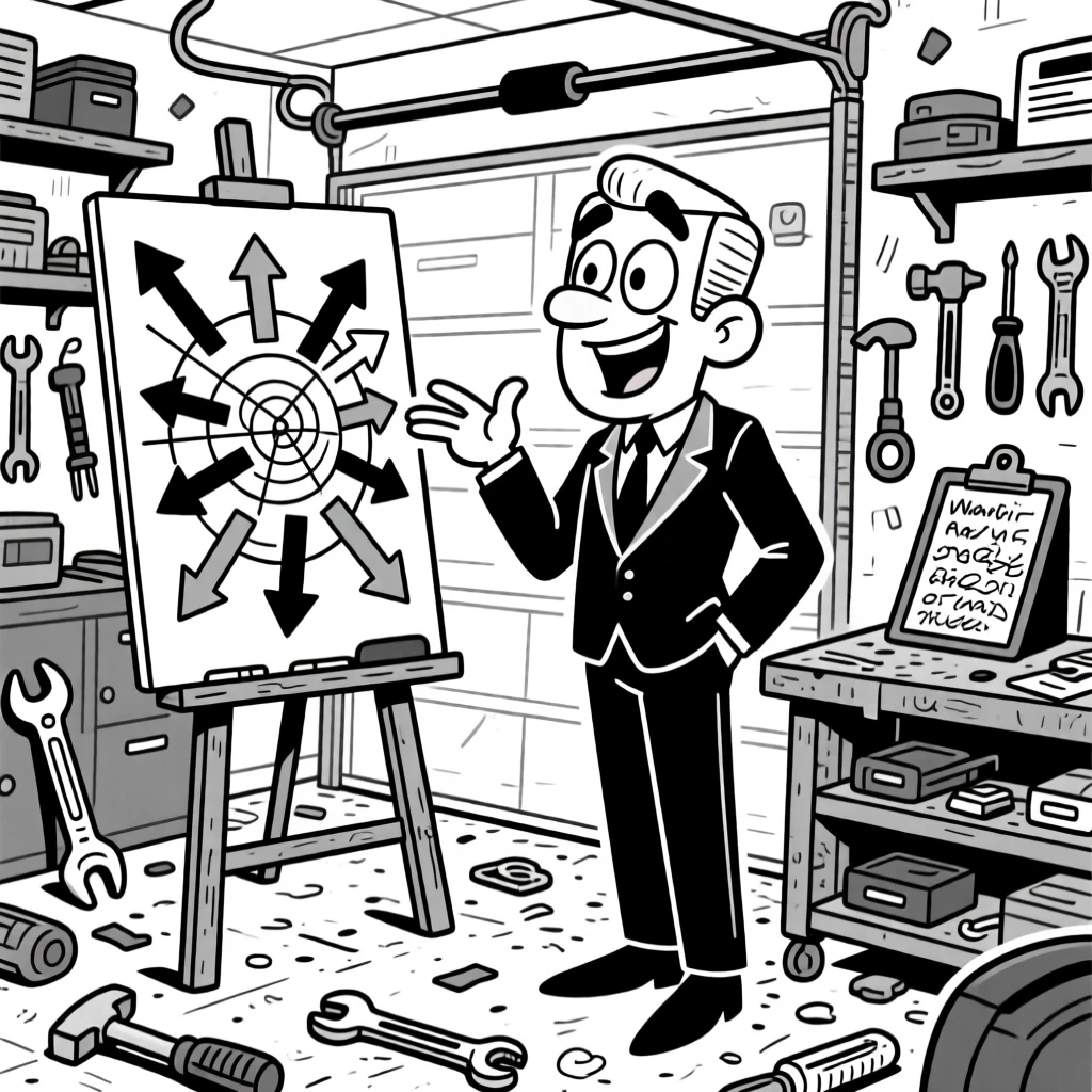 A sharp-dressed lawyer mid-argument, gesturing enthusiastically at a diagram full of arrows, set in a garage full of scattered tools. A clipboard full of illegible notes rests nearby. It's a lighthearted tribute to a job well loved.
