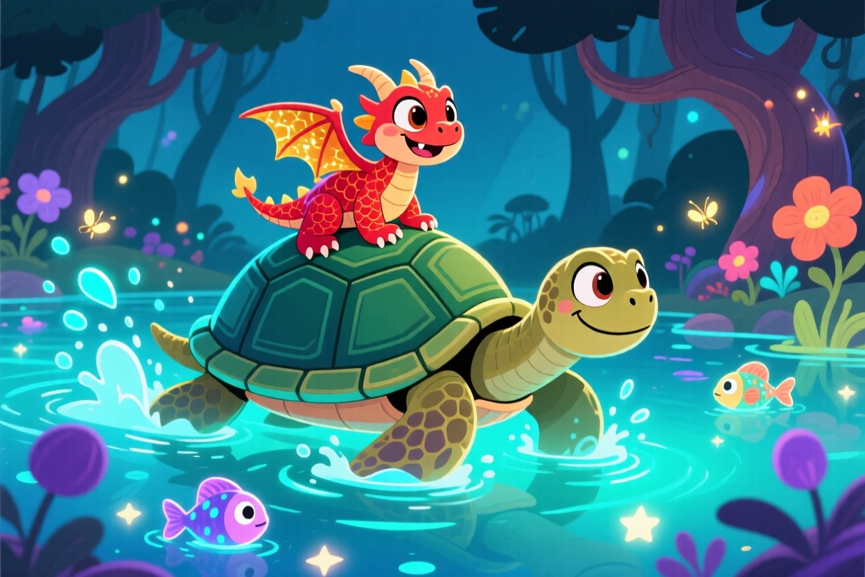 A small dragon riding a giant turtle across a glowing lagoon.