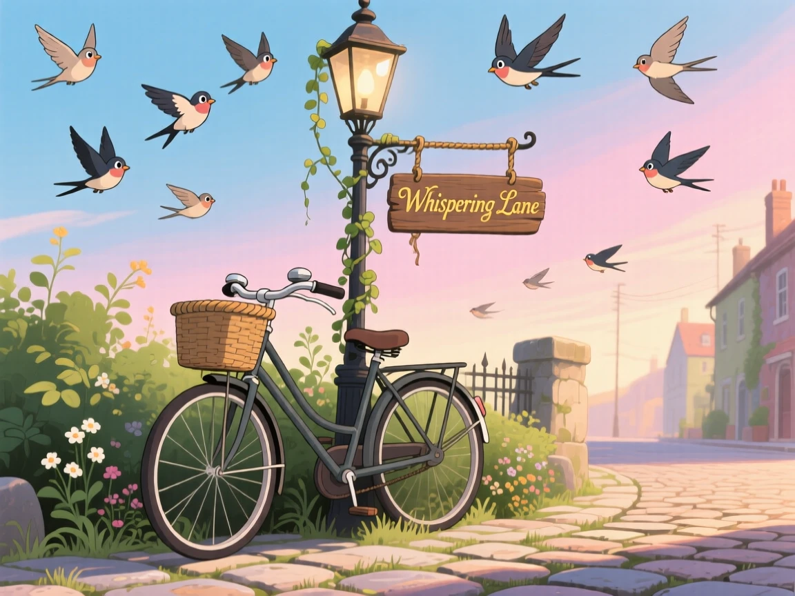 A charming scene of a bicycle leaning against a lamppost on a cobblestone street, as birds fly alongside it.