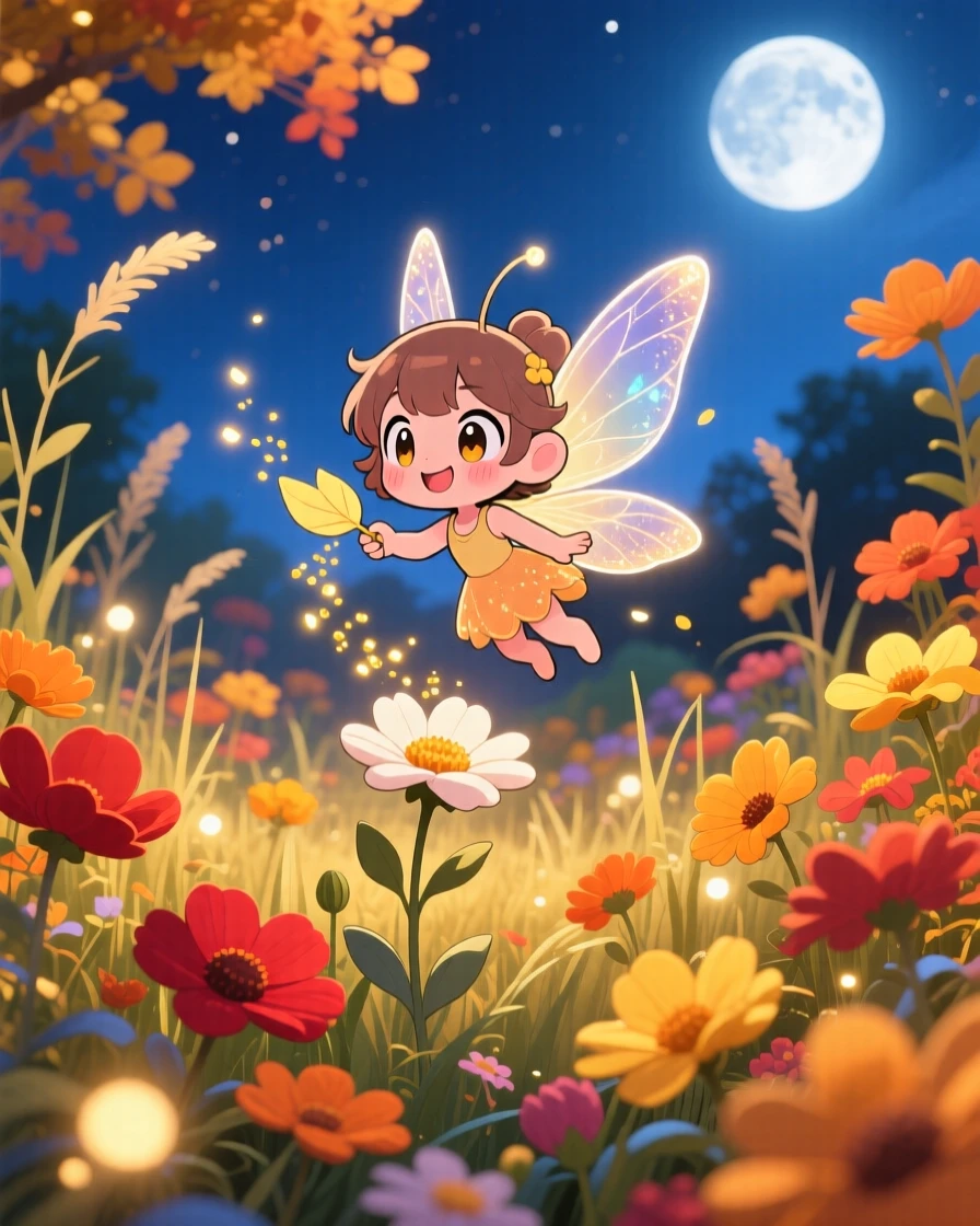 In a moonlit flower garden, a tiny fairy with gossamer wings is sprinkling glowing pollen from a flower petal during golden autumn harvest season, bathed in warm fairy-light glow, expression full of playful mischief. Shot as a wide establishing shot.