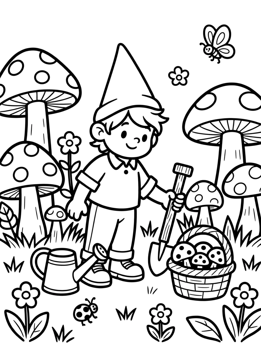 A gnome tending to a garden of oversized mushrooms