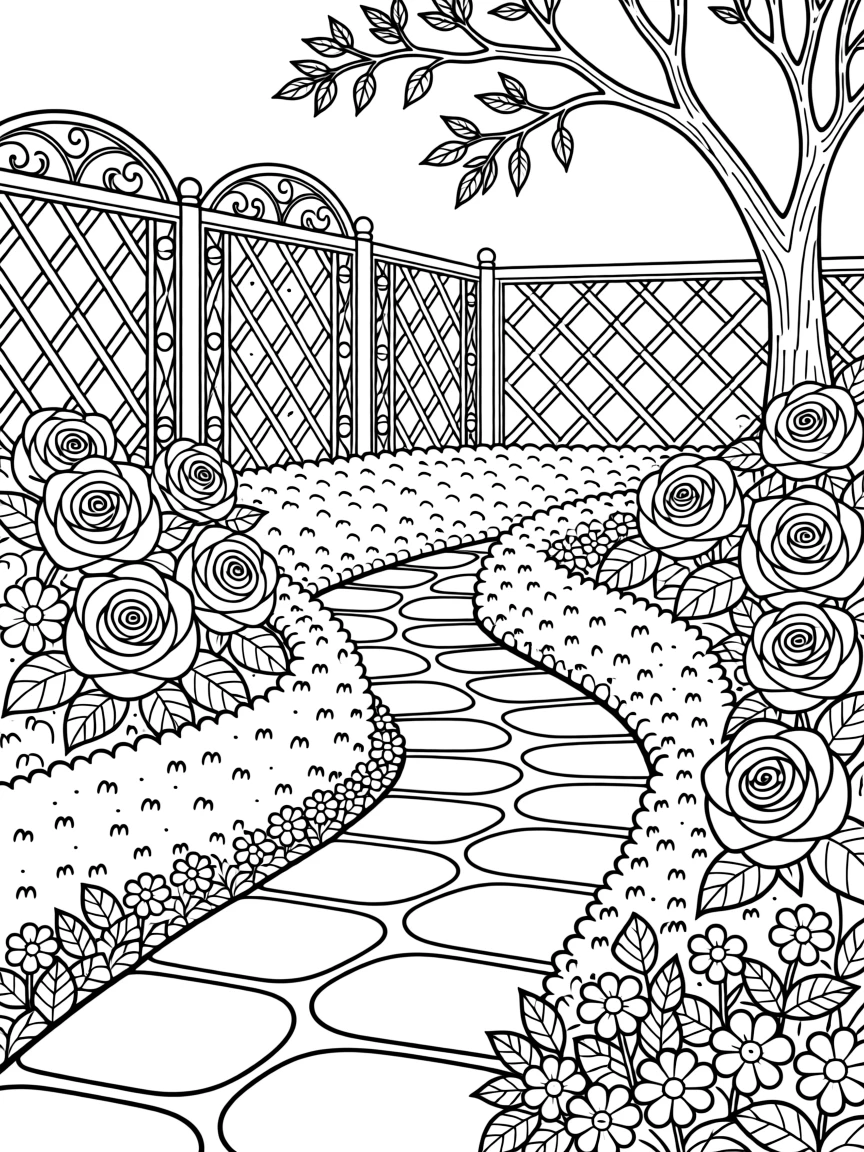 A garden path bordered by boxwood hedges and blooming roses.