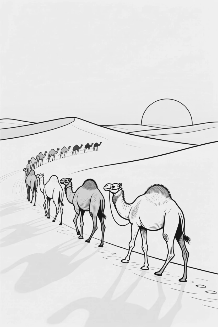 A camel caravan crossing sand dunes at sunset