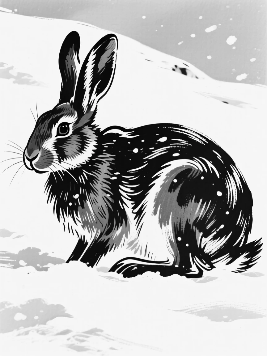 A snowy mountain hare crouched in fresh powder, ears laid back.