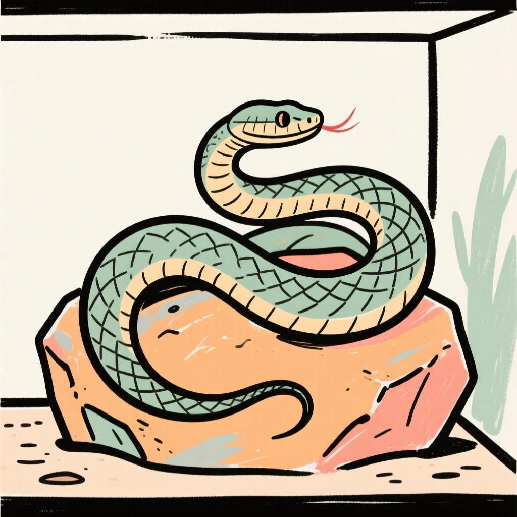 A pet snake coiled comfortably on a warm rock inside its terrarium.