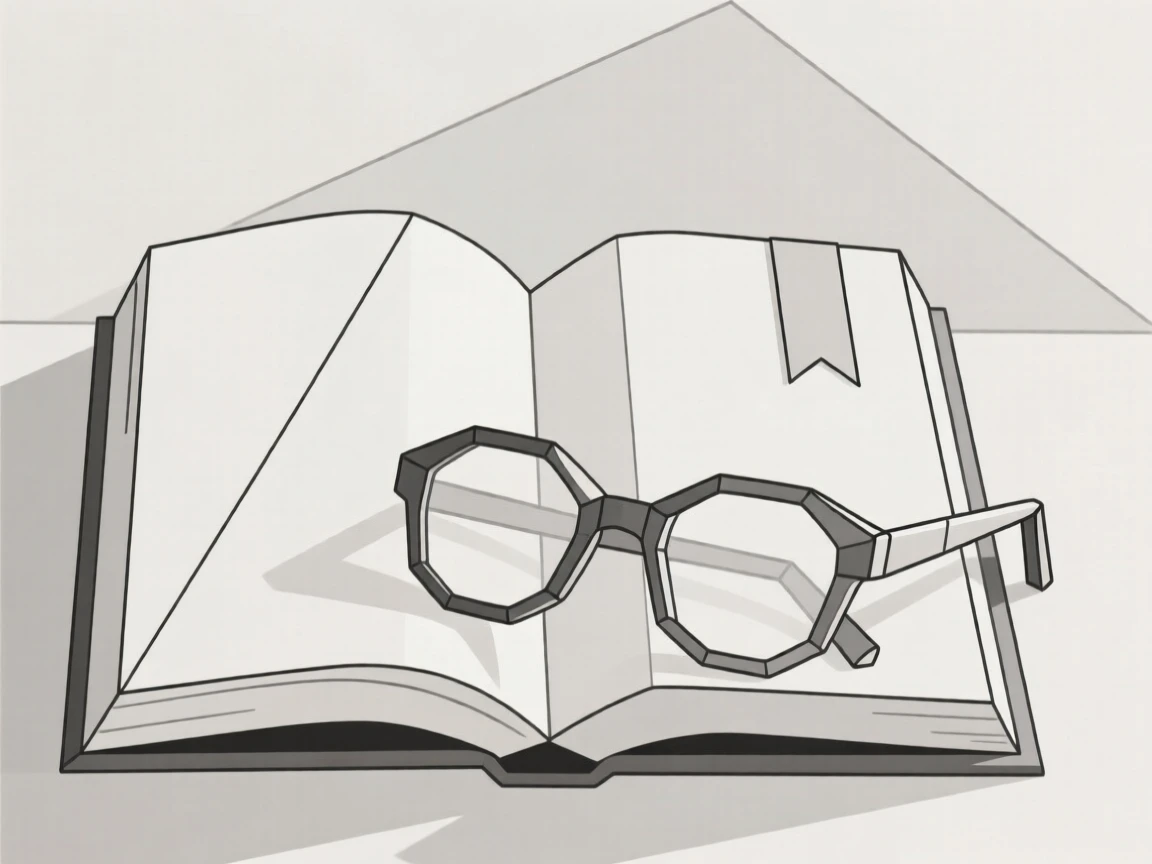 A still life of an open book and reading glasses