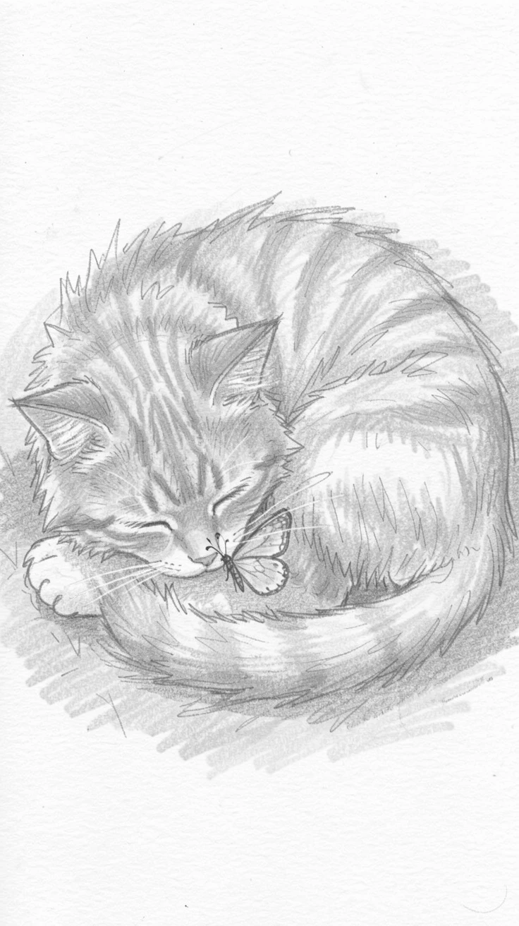 A heartwarming scene of a fluffy orange tabby cat napping in a patch of warm sunlight, with a butterfly resting on its nose.
