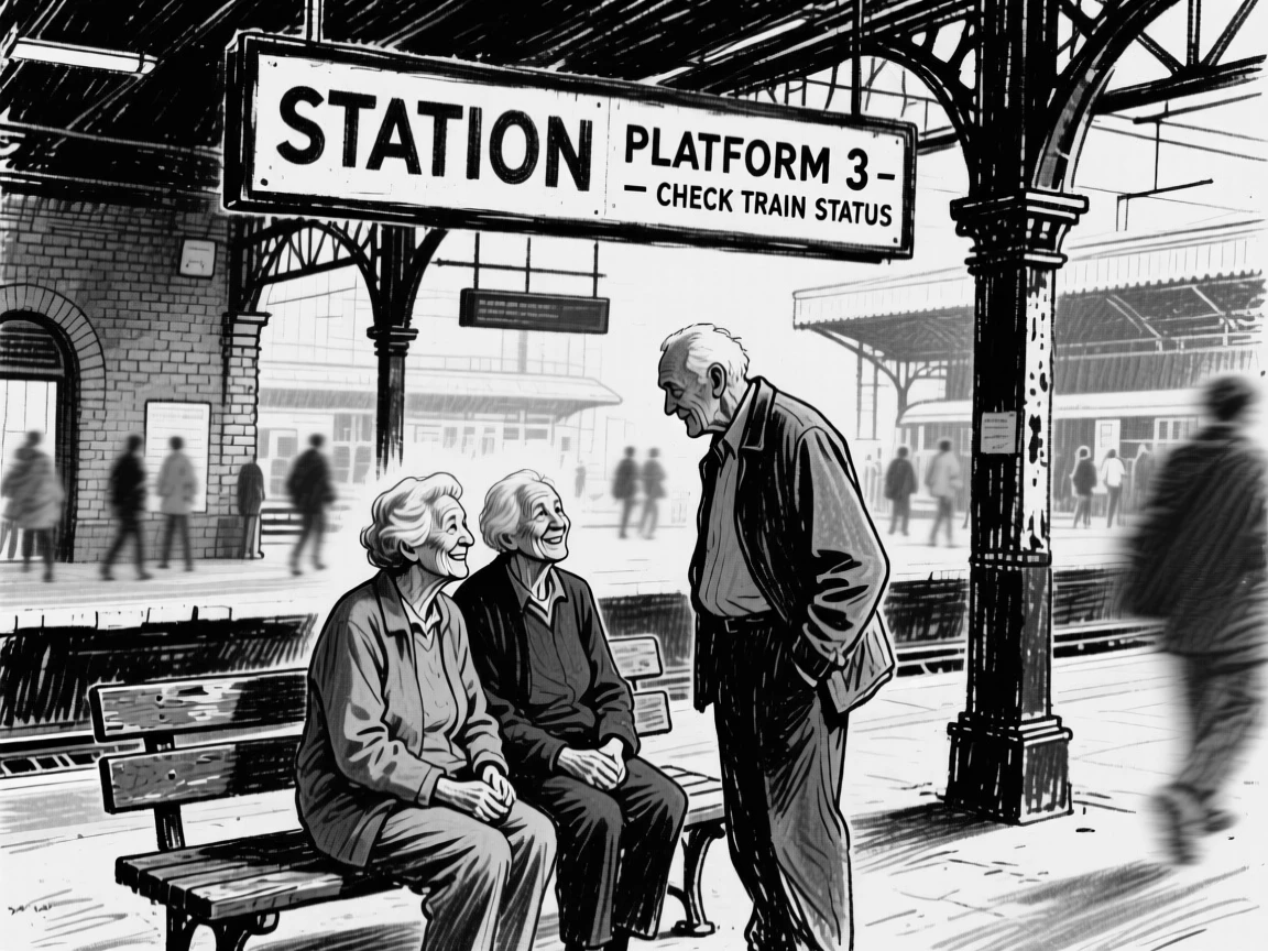 An elderly couple sharing a quiet moment of connection with an old friend, at a busy train station.