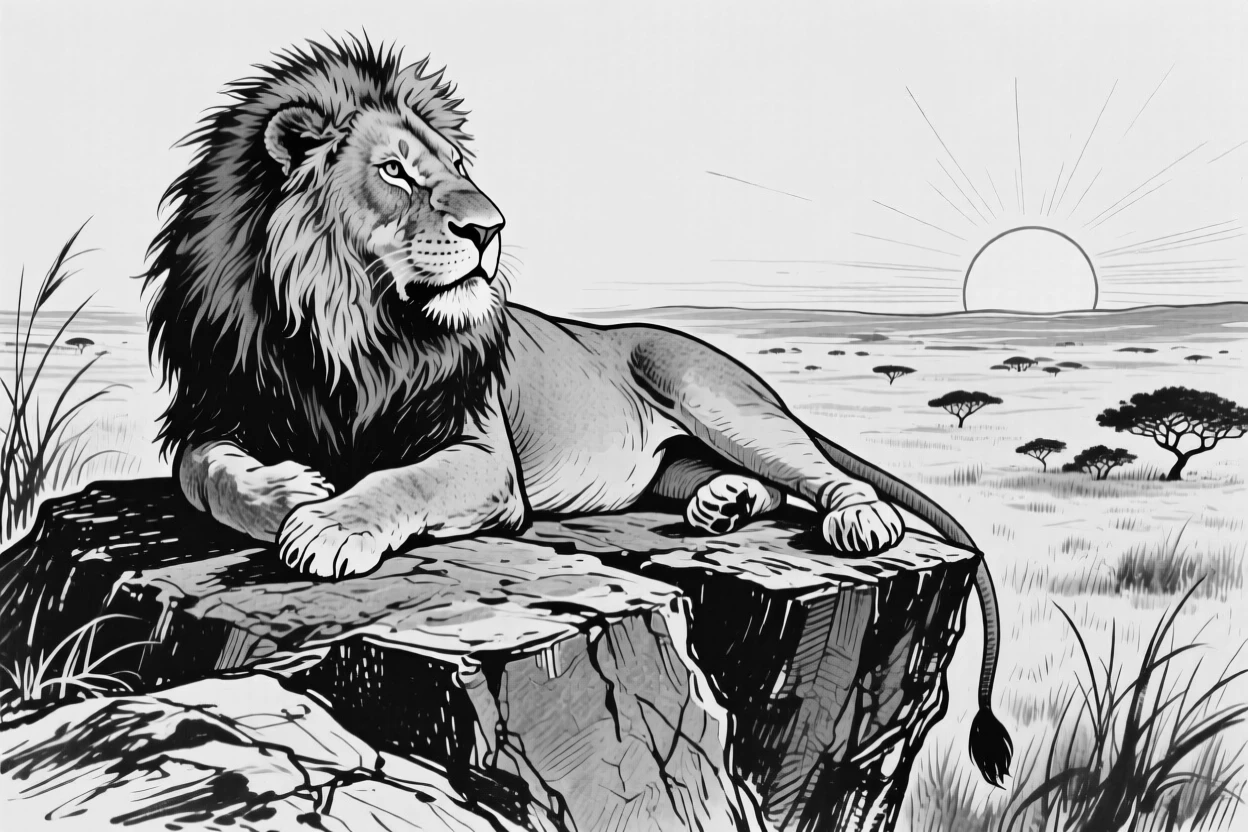 A majestic lion resting atop a rocky outcrop overlooking the savanna at sunset.