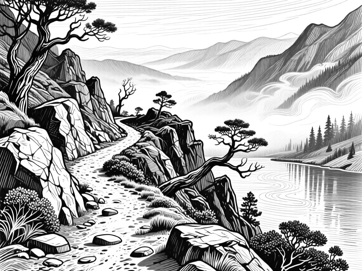 A narrow mountain trail as fog rolls slowly across the valley, with reflections shimmering on the water's surface, evoking a windswept and dramatic atmosphere in a wide, balanced composition.