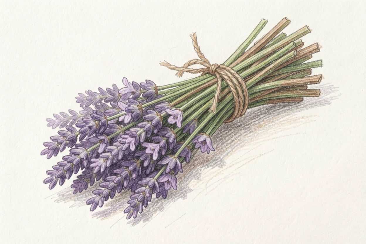 A bundle of lavender stems tied together and hung to dry, with delicate petals catching gentle morning light, perfect for a peaceful, feminine, and timeless aesthetic.