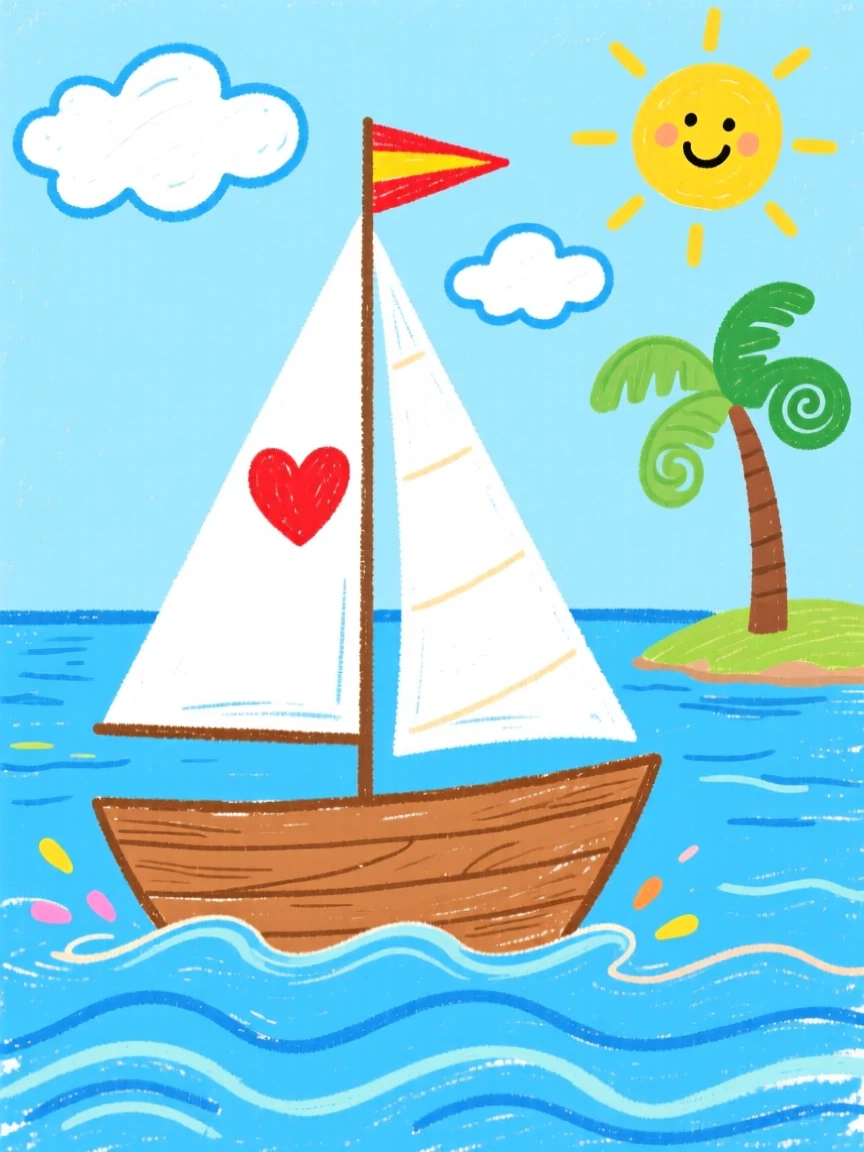 A classic wooden sailboat sailing across a calm blue harbor.