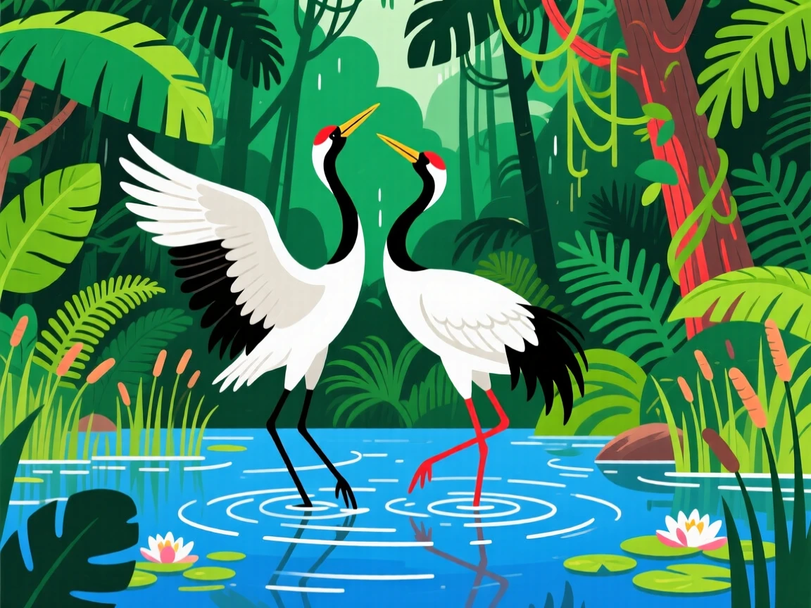 A pair of cranes dancing together in a wetland, nestled within a dense jungle alive with greenery, framed from a low angle to feel grand and majestic, with vivid, richly saturated colors that pop.