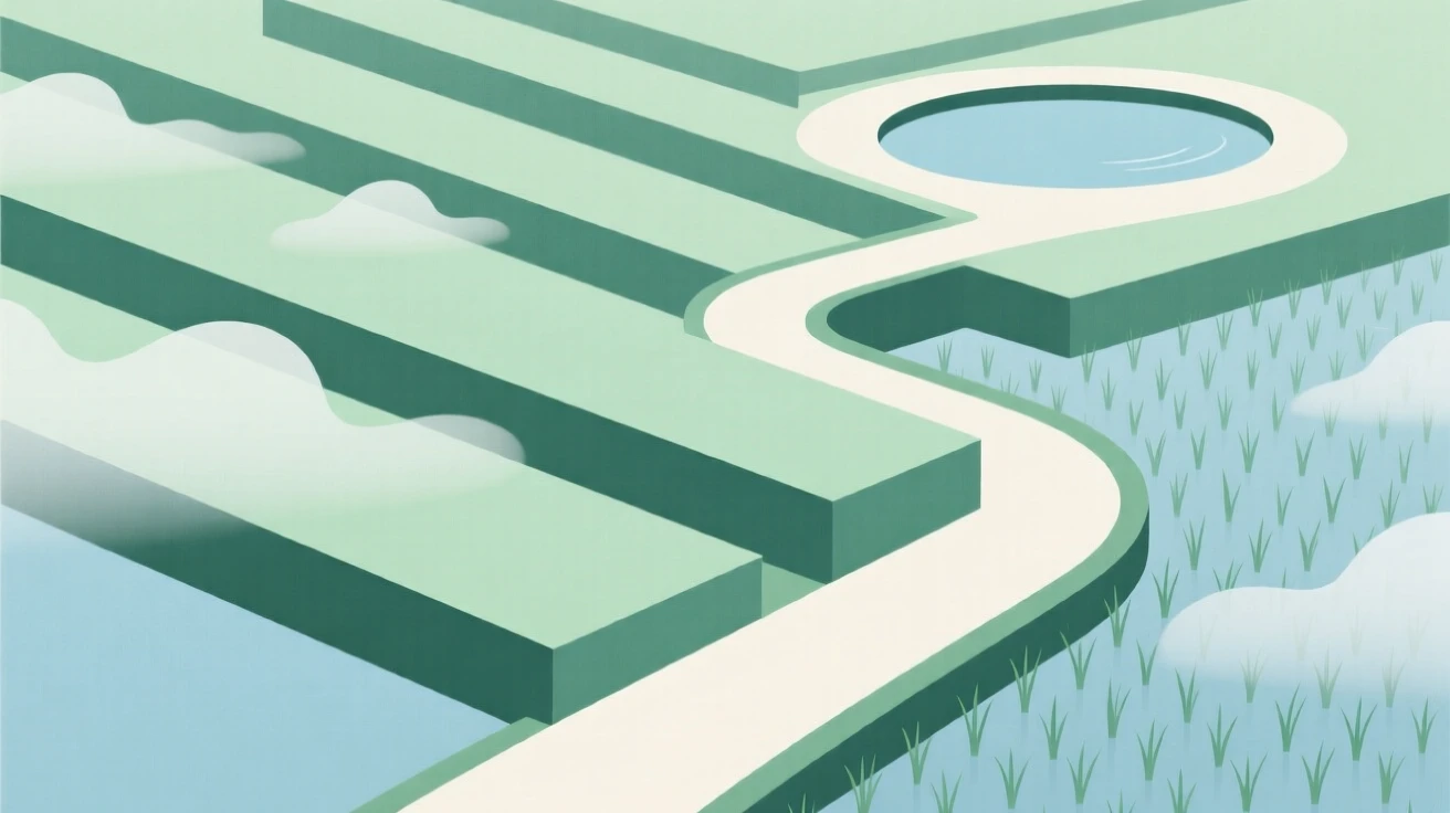 A winding path through a terraced rice paddy leading toward a tide pool, with drifting fog scattered along the way, radiating peaceful renewal.