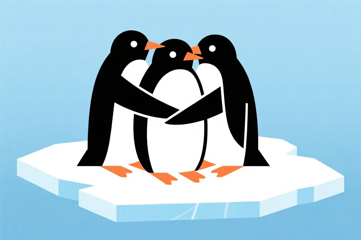 A group of penguins huddled together on ice