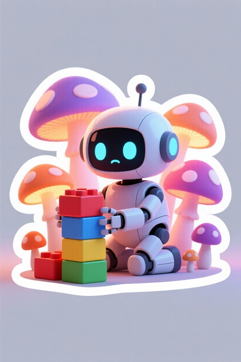 A shy little robot with round eyes stacking colorful building blocks, among mushrooms glowing softly at dusk.