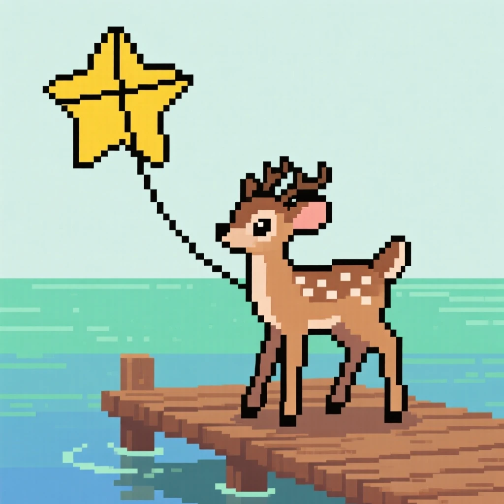 A spotted fawn flying a kite shaped like a star, on a wooden dock over a still lake.