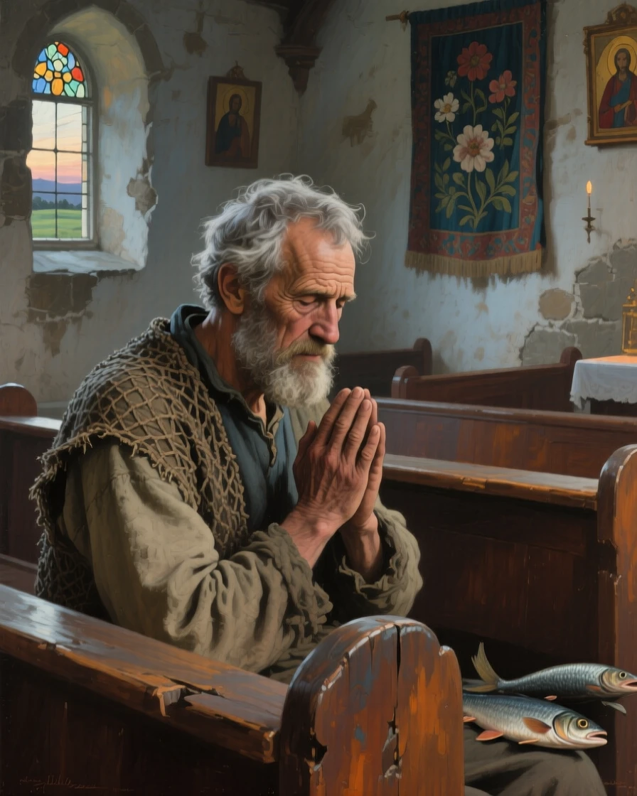 A detailed close shot of an old fisherman in a quiet countryside chapel, filled with tender affection, in the pale light of early evening.