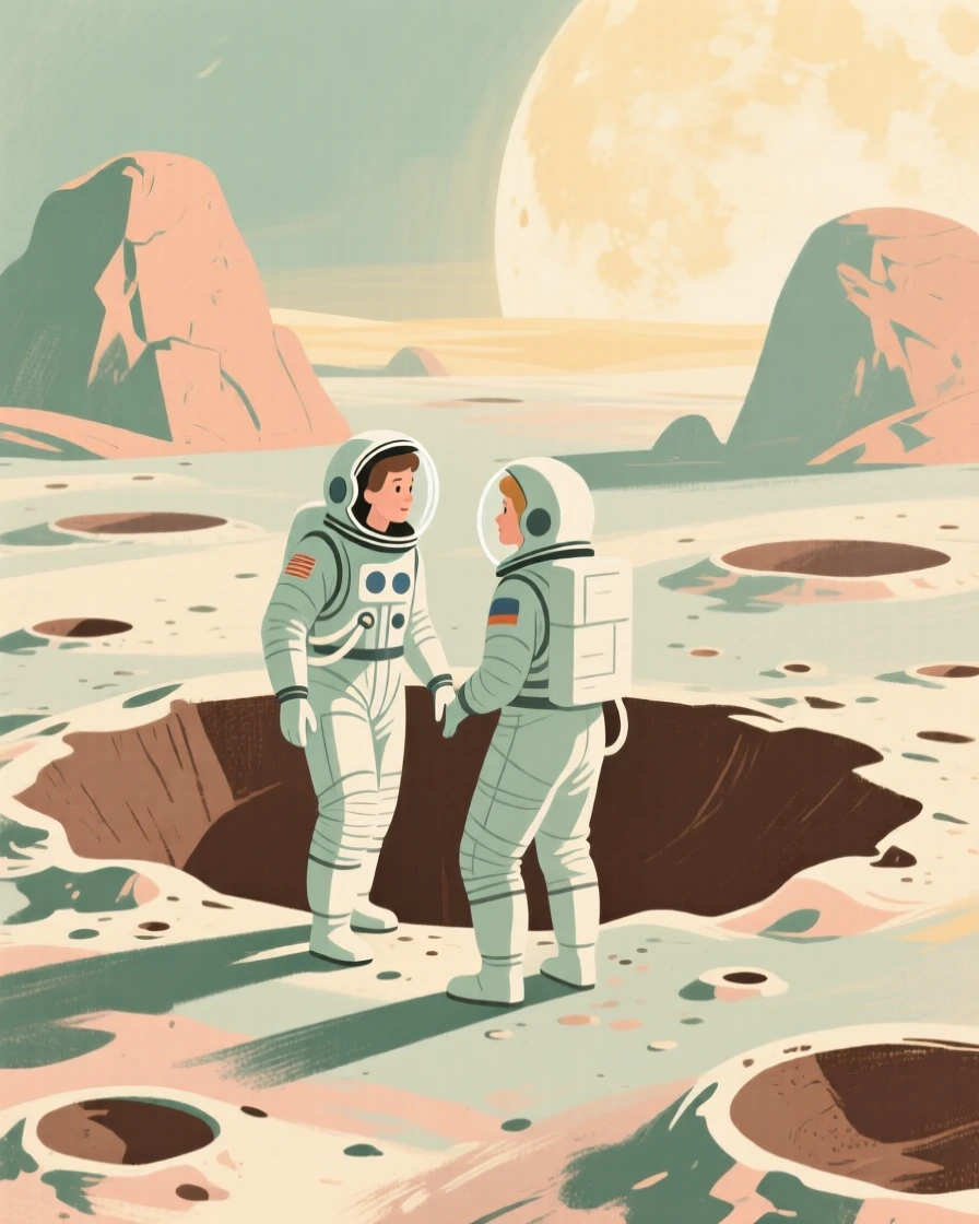 A vintage illustration of astronauts exploring a cratered moonscape