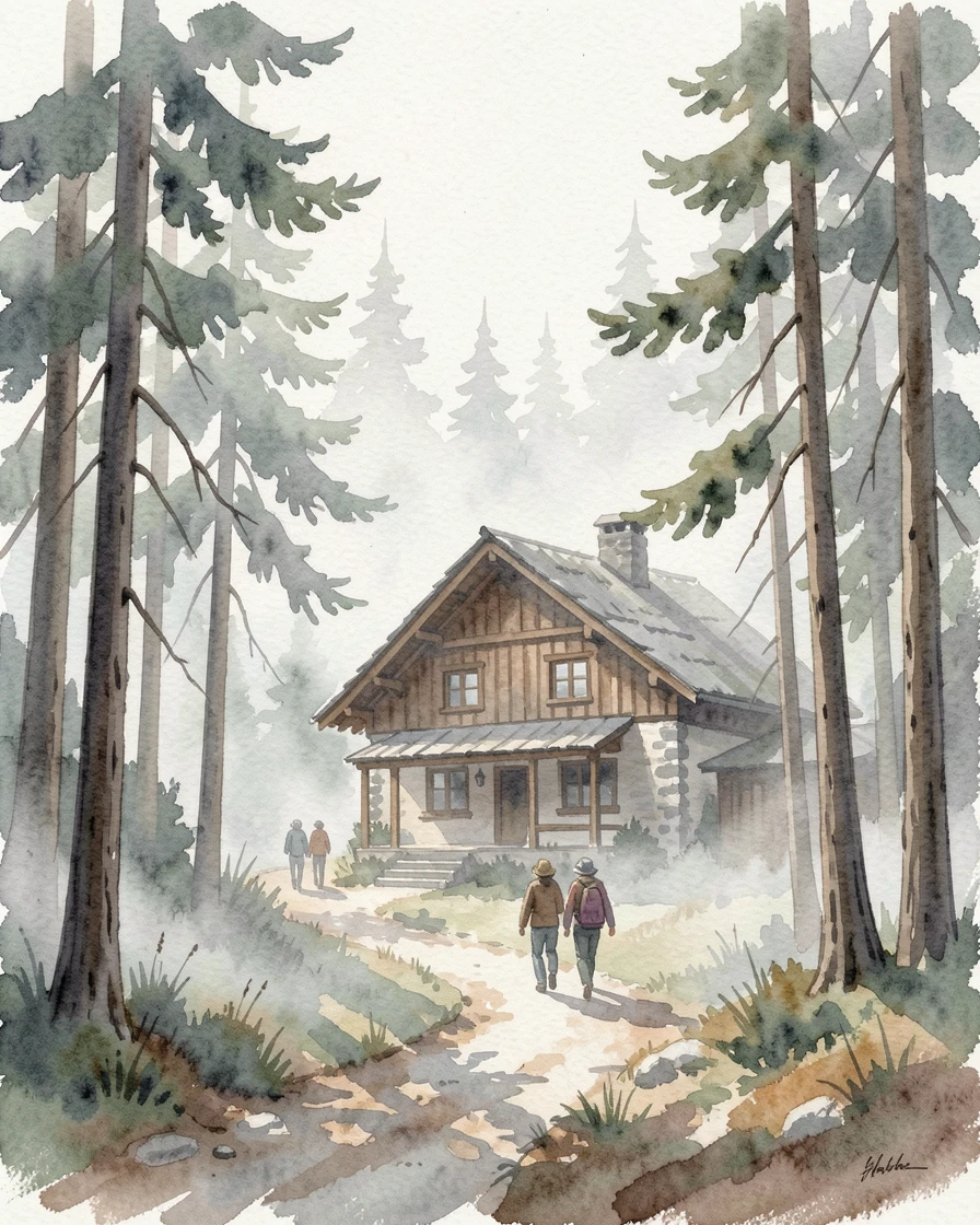 A rustic mountain chalet surrounded by pine trees with soft morning fog rolling through with travelers strolling along the path.